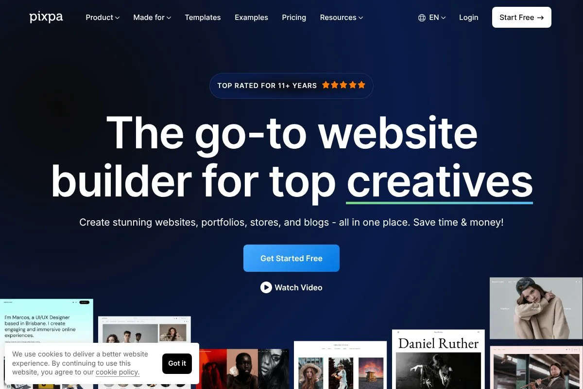 Screenshot of Pixpa homepage