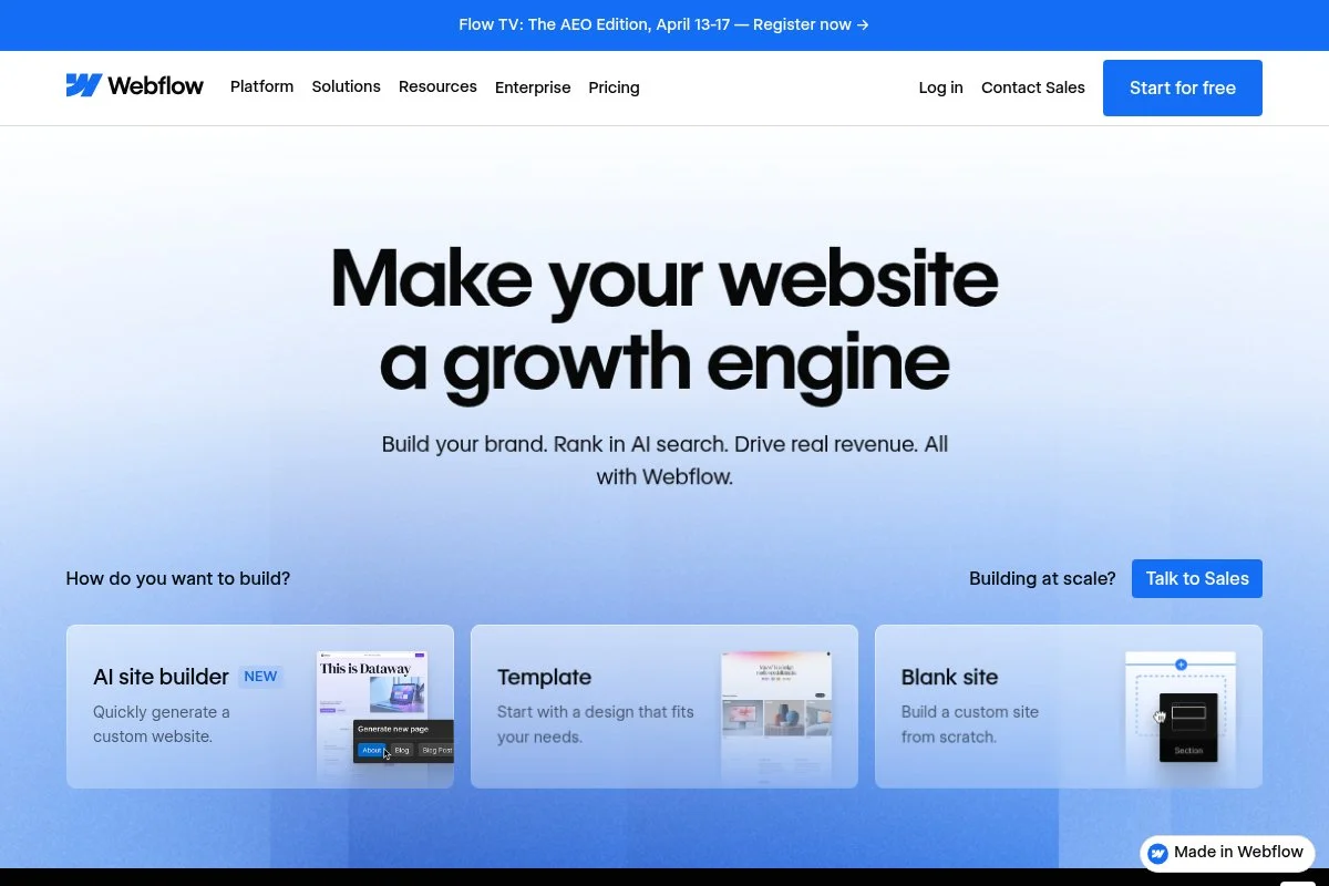 Screenshot of Webflow homepage
