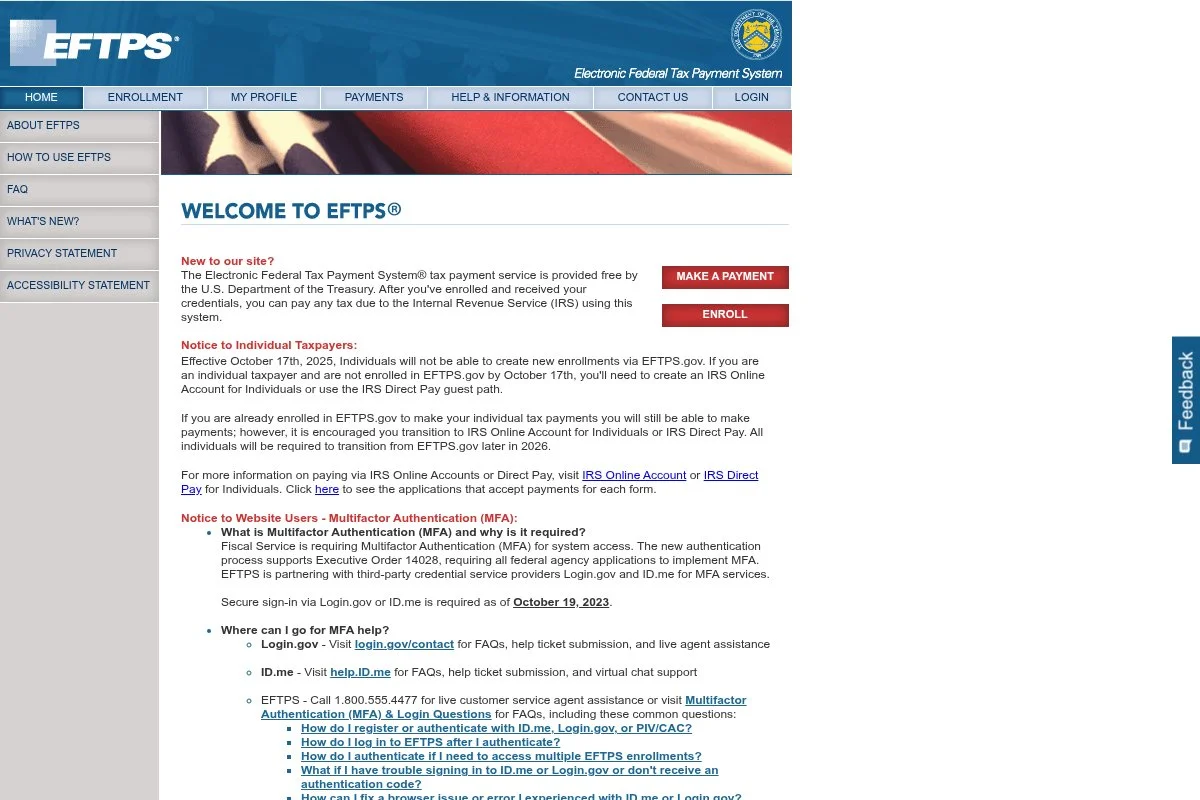 Screenshot of EFTPS (Electronic Federal Tax Payment System) homepage