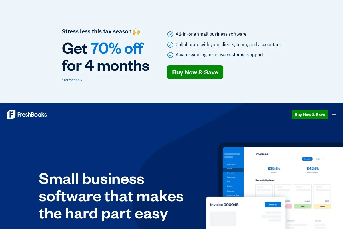 Screenshot of FreshBooks homepage
