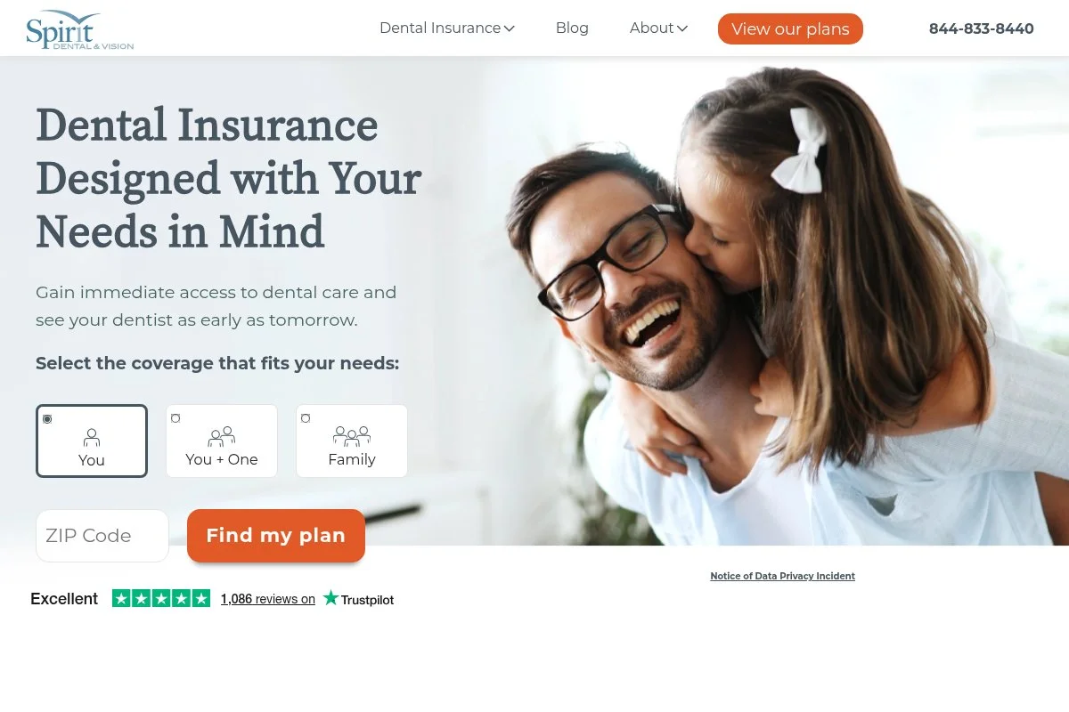 Screenshot of Spirit Dental homepage