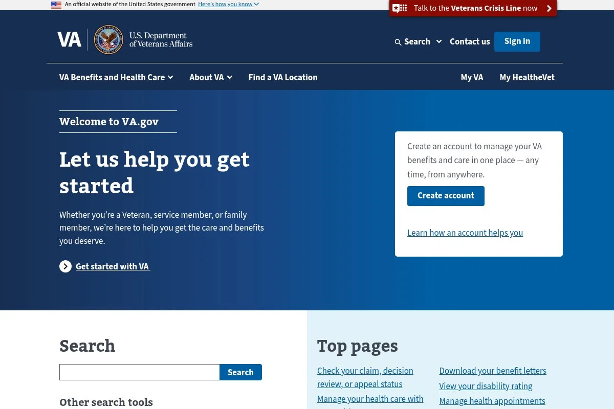 Screenshot of VA Loan (U.S. Department of Veterans Affairs) homepage