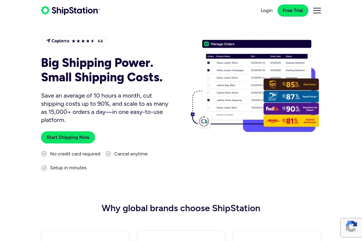Screenshot of ShipStation homepage