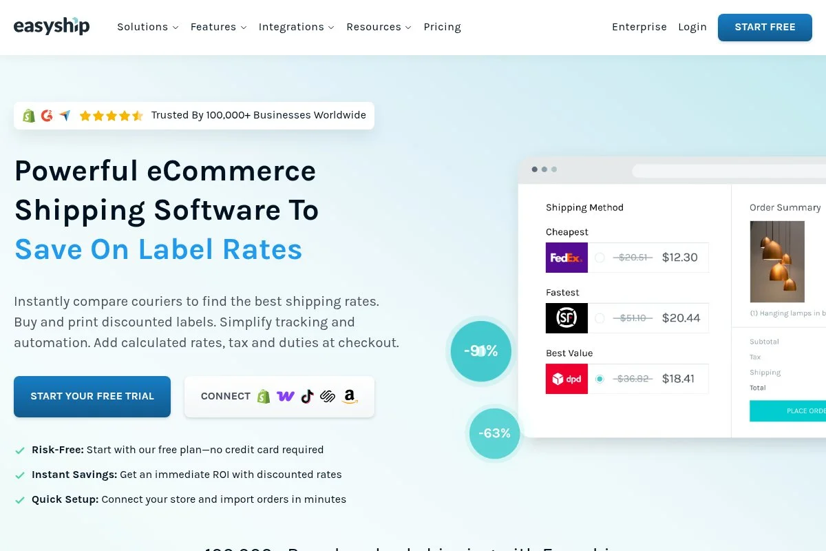 Screenshot of Easyship homepage