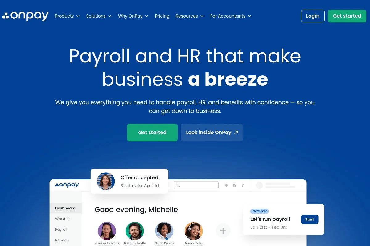 Screenshot of OnPay homepage