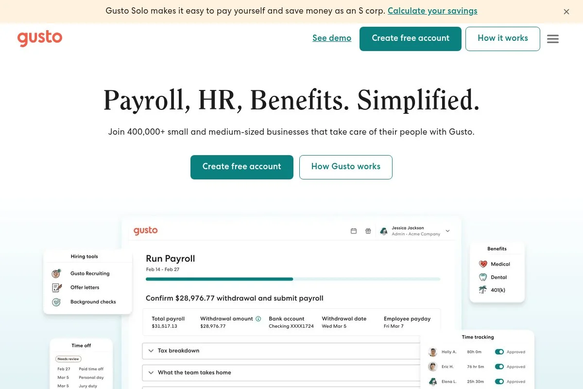 Screenshot of Gusto homepage