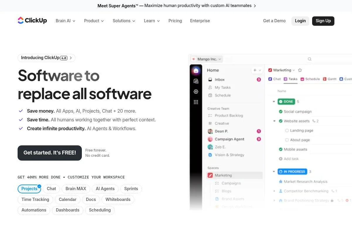 Screenshot of ClickUp homepage