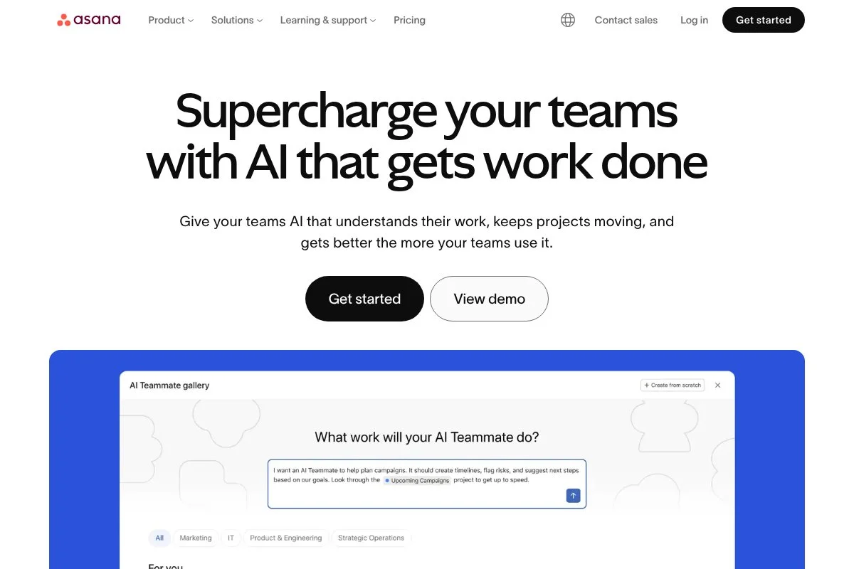 Screenshot of Asana homepage