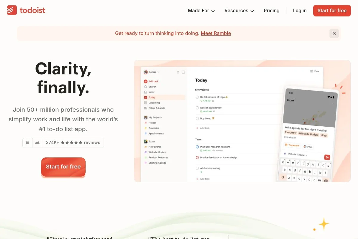 Screenshot of Todoist homepage