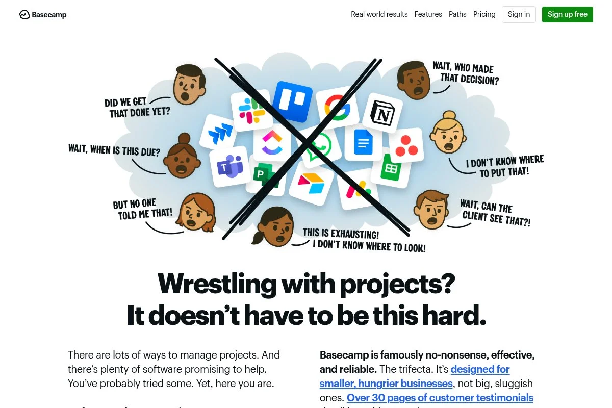 Screenshot of Basecamp homepage