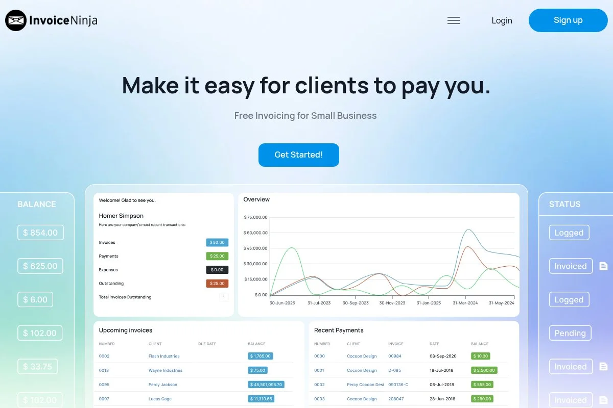 Screenshot of Invoice Ninja homepage
