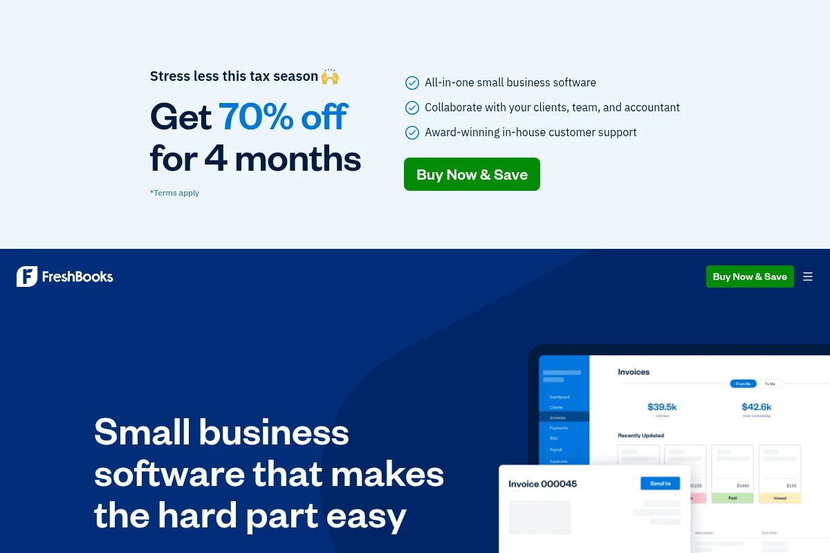 Screenshot of FreshBooks homepage