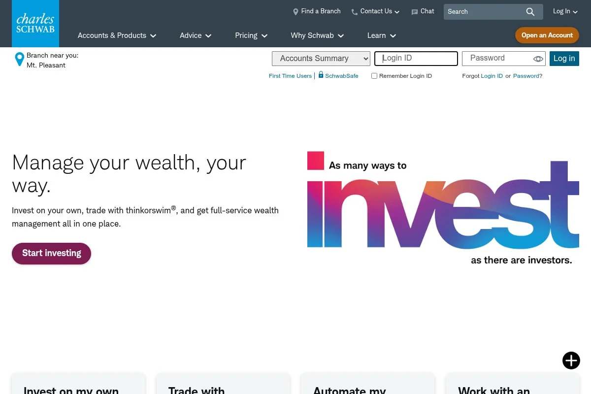 Screenshot of Charles Schwab homepage