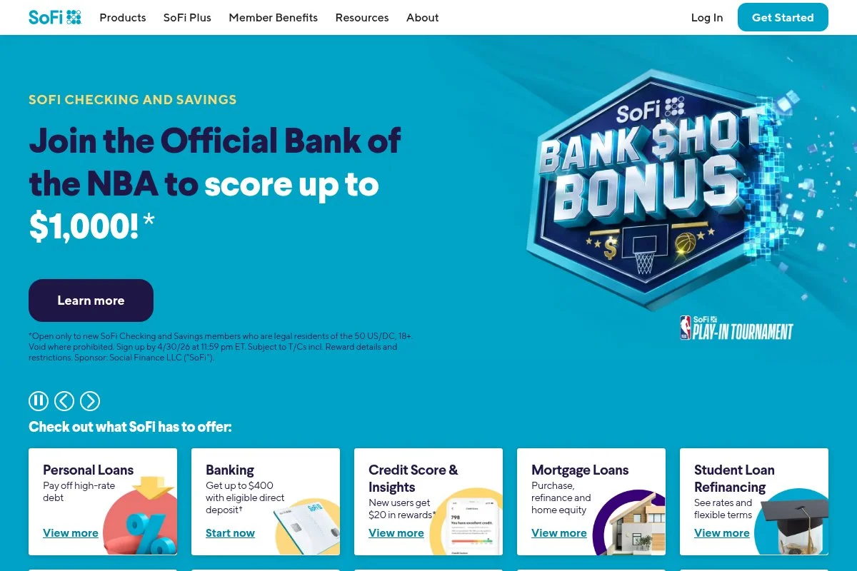 Screenshot of SoFi Invest homepage