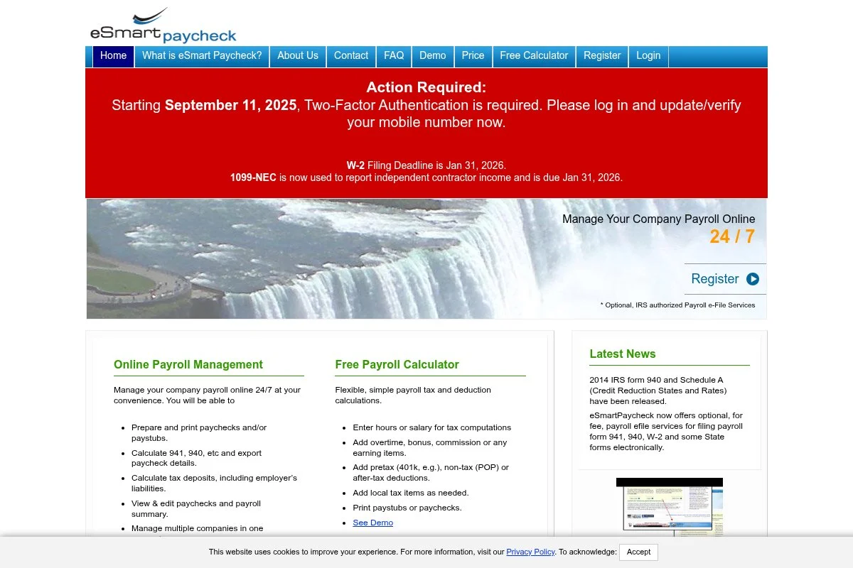 Screenshot of eSmart Paycheck homepage