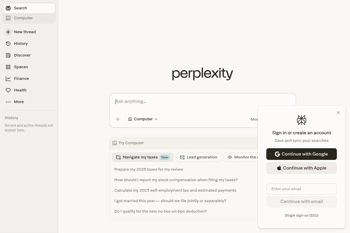 Screenshot of Perplexity homepage