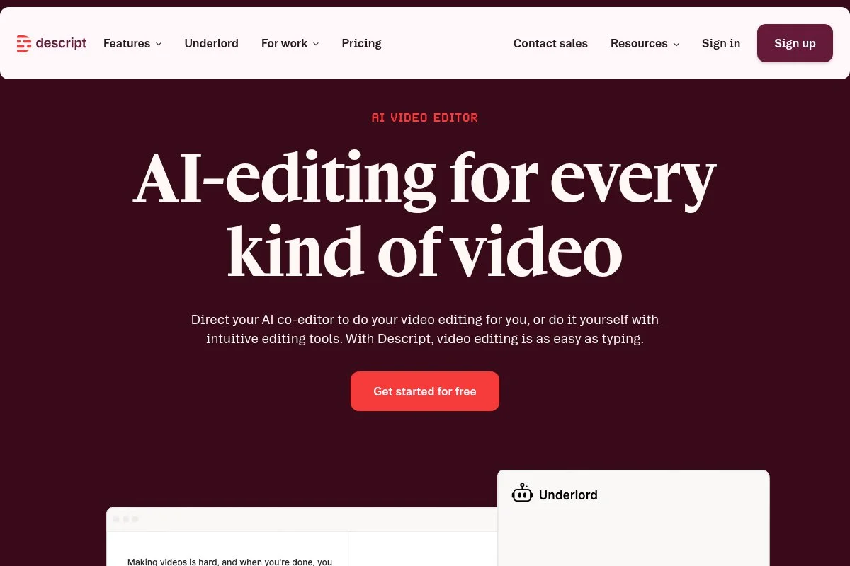 Screenshot of Descript homepage