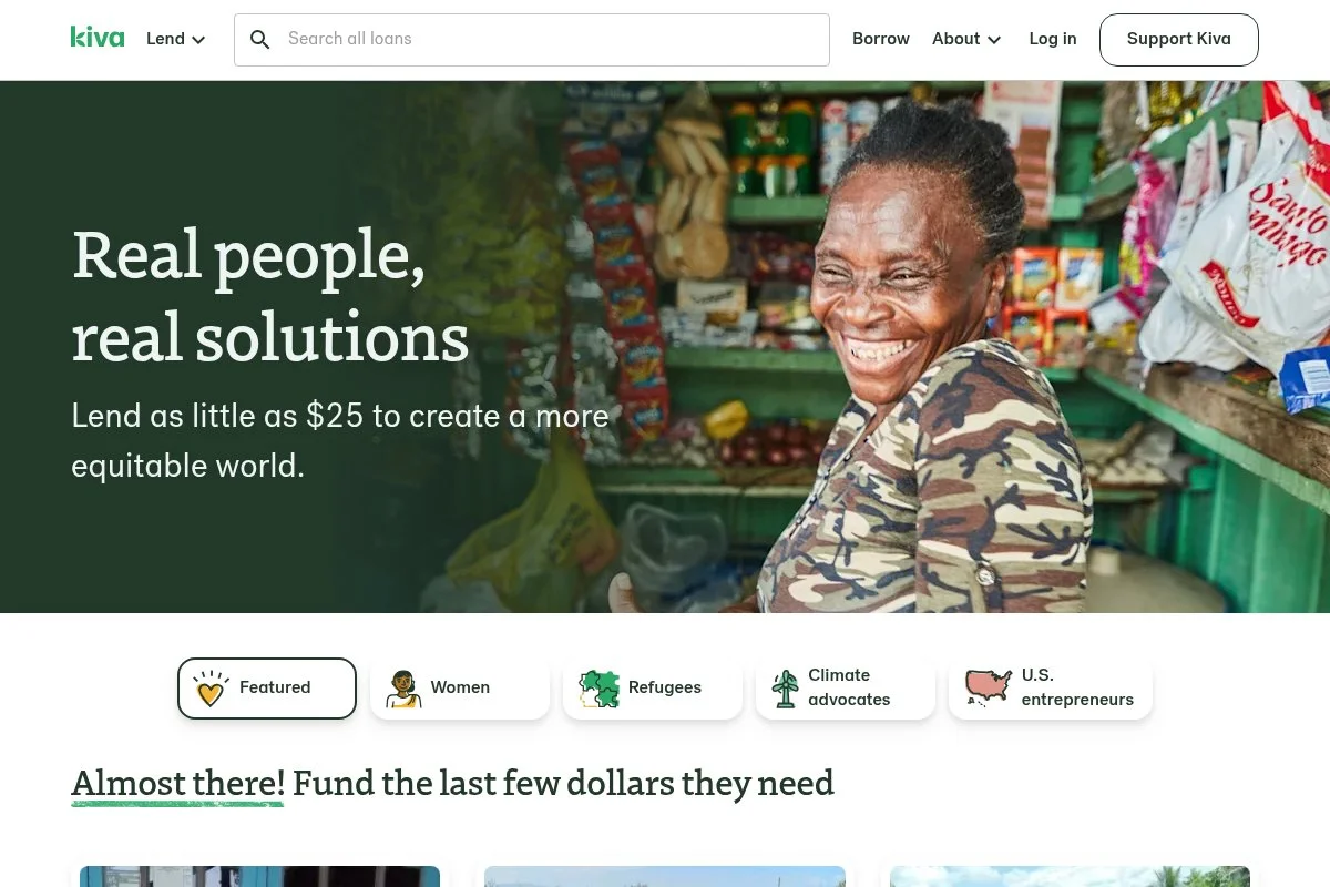 Screenshot of Kiva U.S. homepage