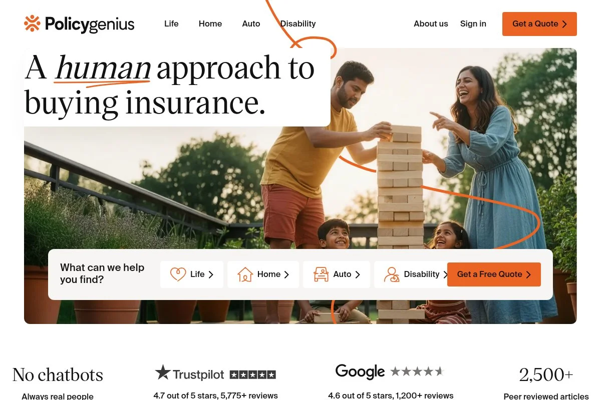 Screenshot of Policygenius homepage
