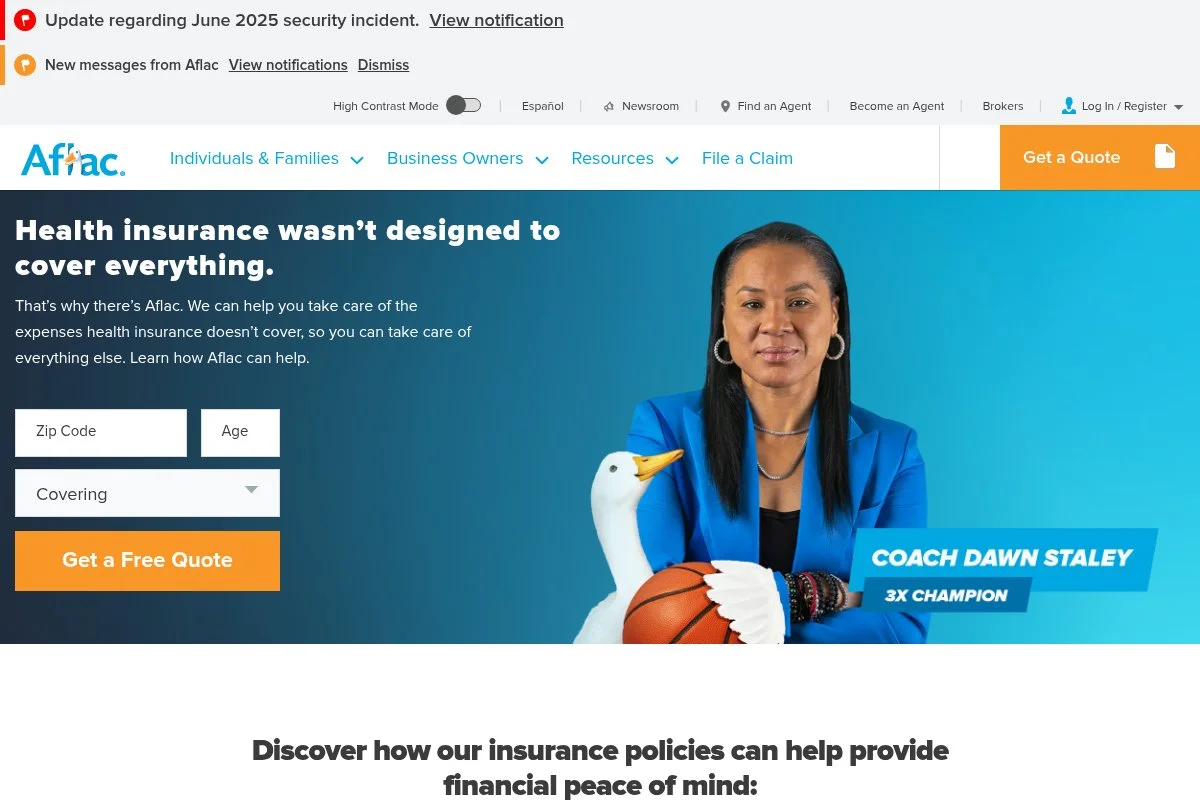 Screenshot of Aflac homepage