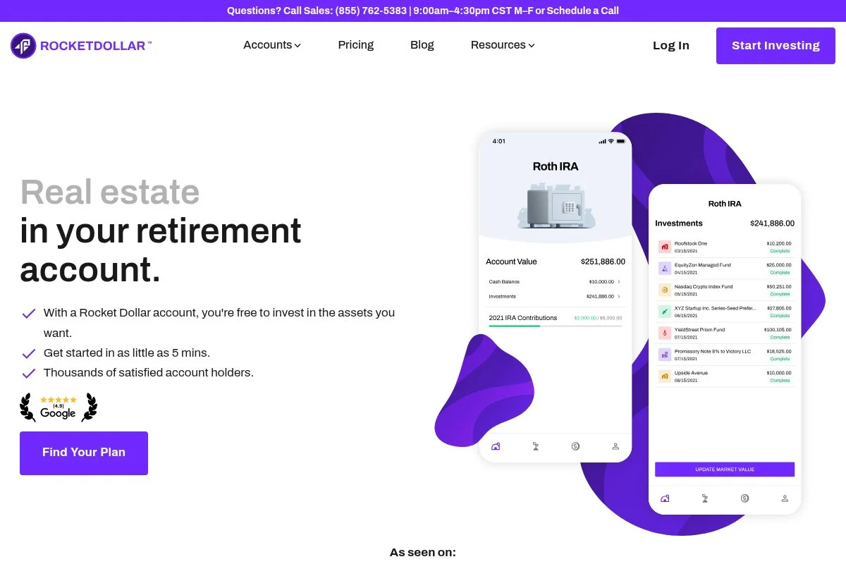 Screenshot of Rocket Dollar Solo 401(k) homepage