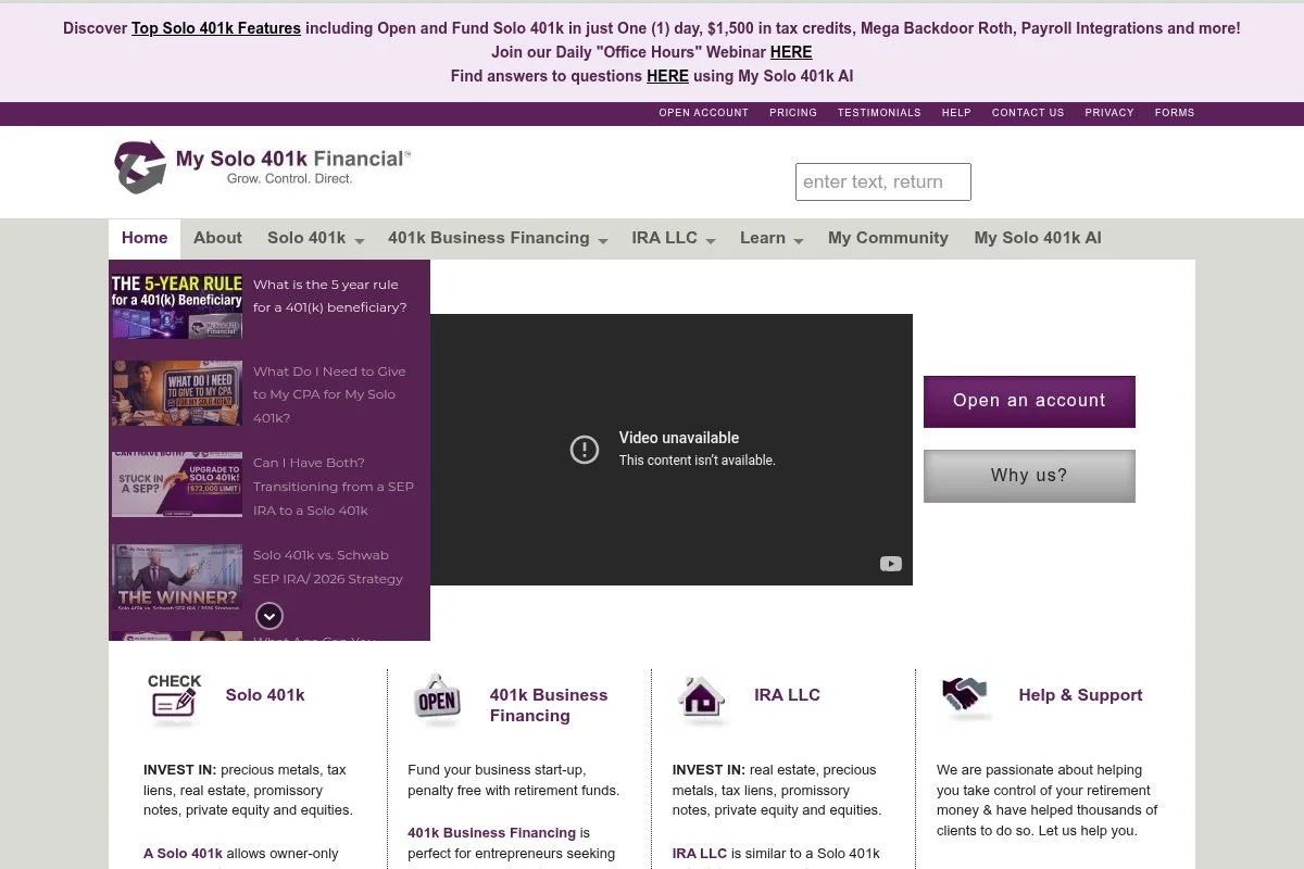 Screenshot of MySolo401k.net homepage