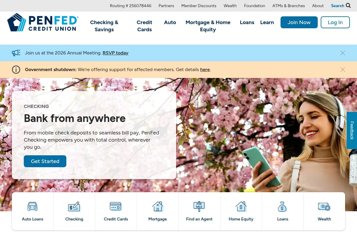 Screenshot of PenFed Credit Union homepage
