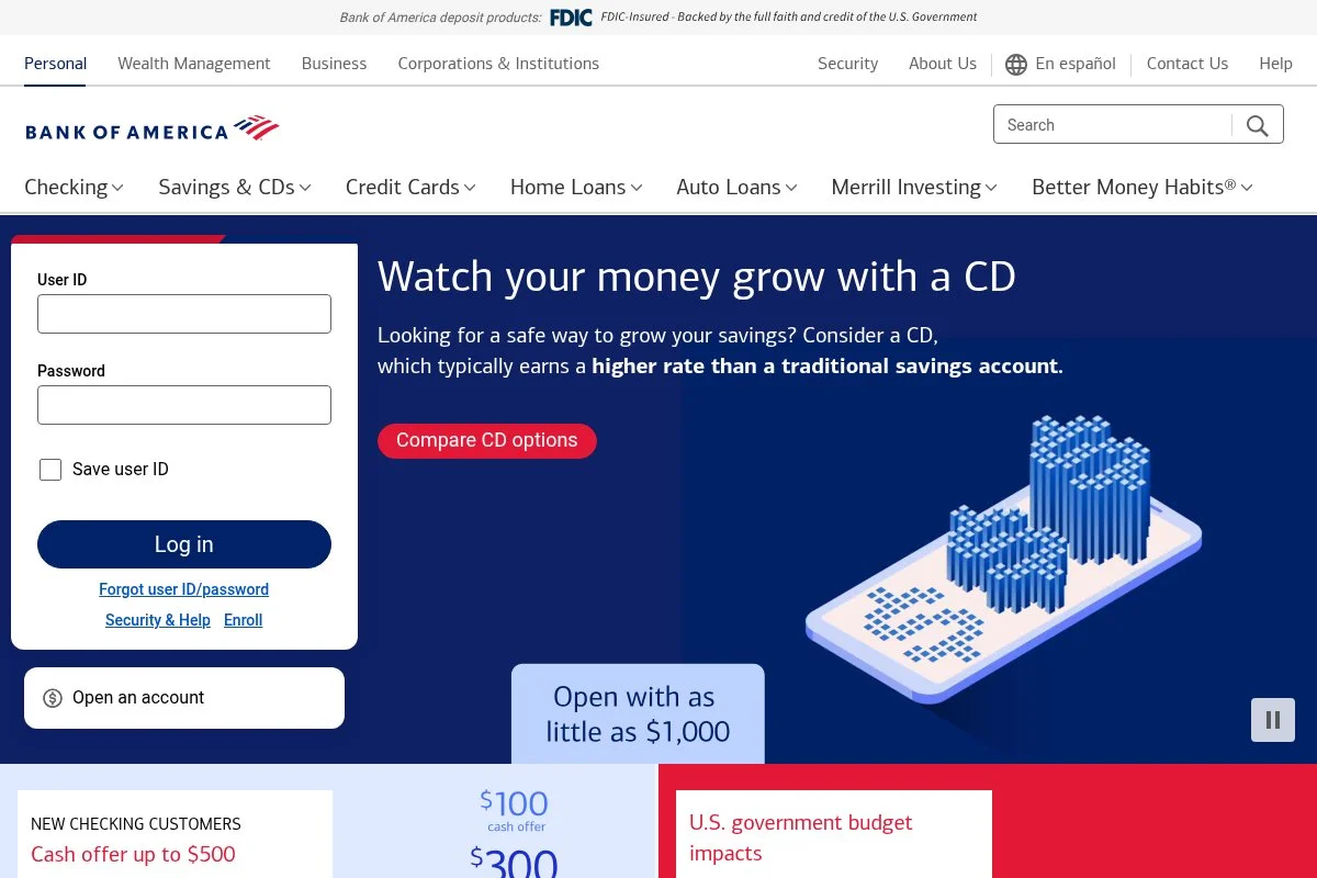 Screenshot of Bank of America Auto Loans homepage