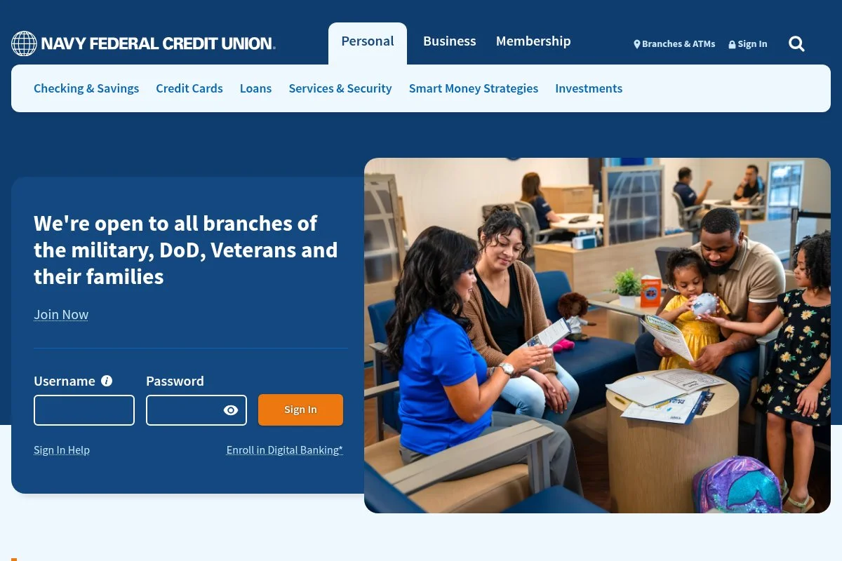 Screenshot of Navy Federal Credit Union homepage