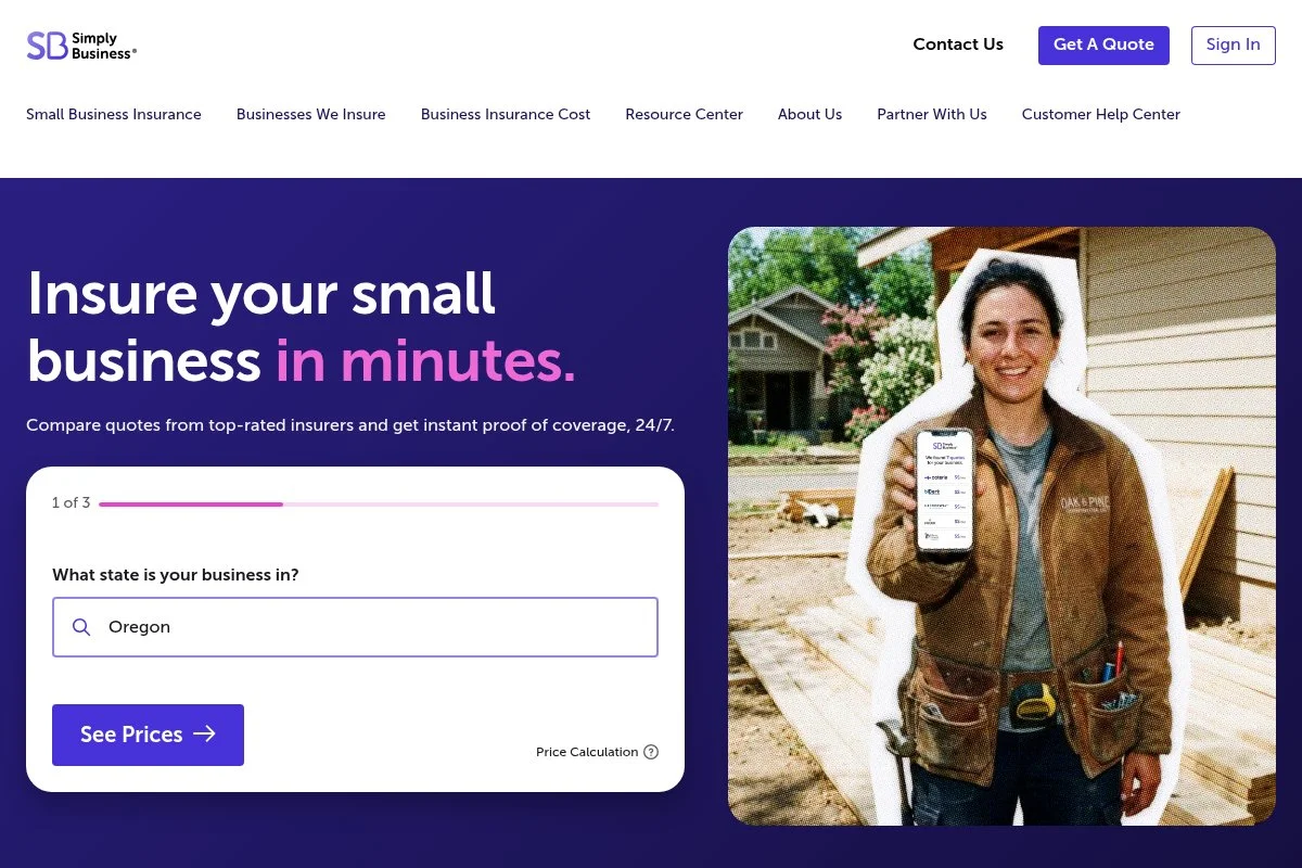 Screenshot of Simply Business homepage