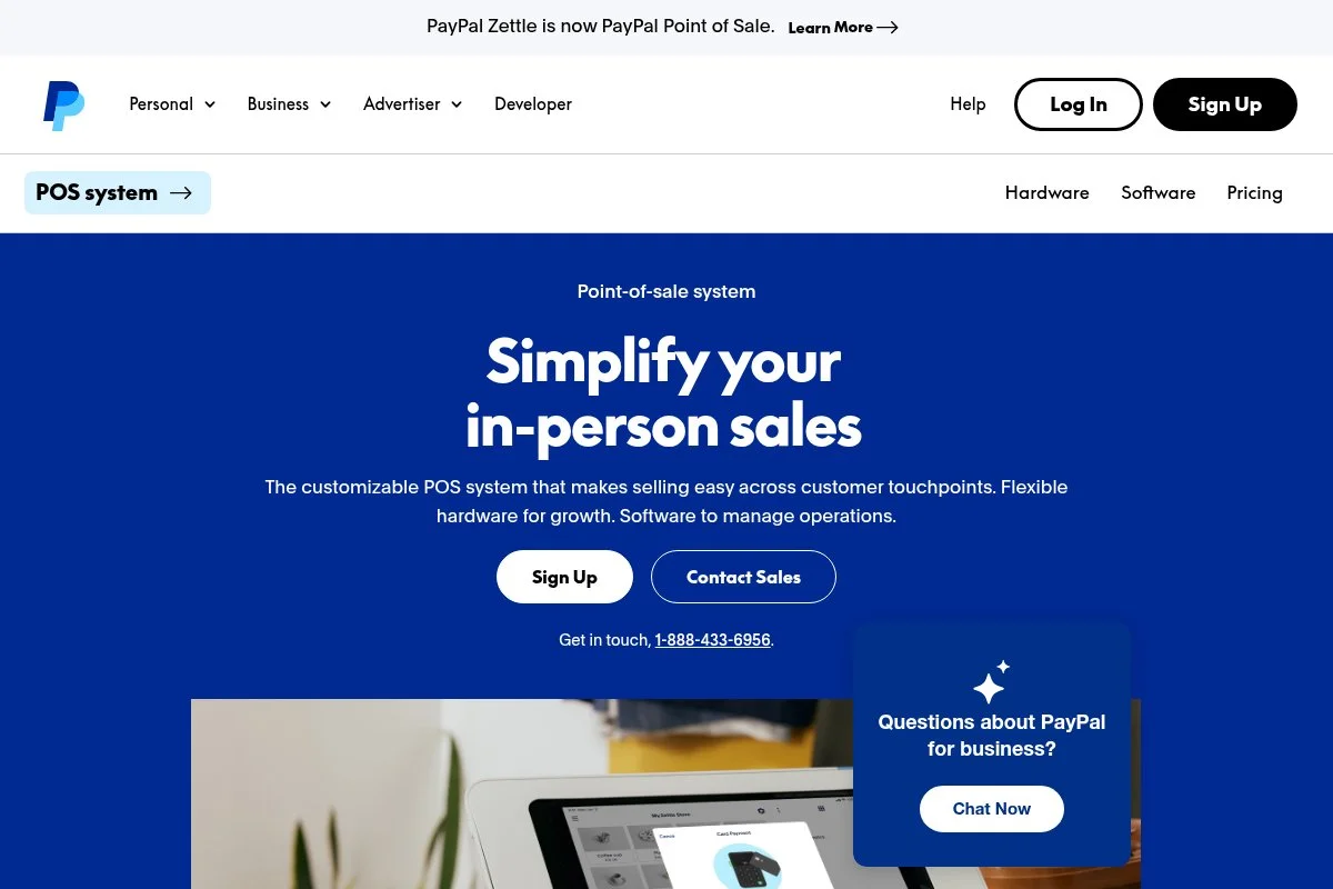 Screenshot of PayPal Zettle homepage