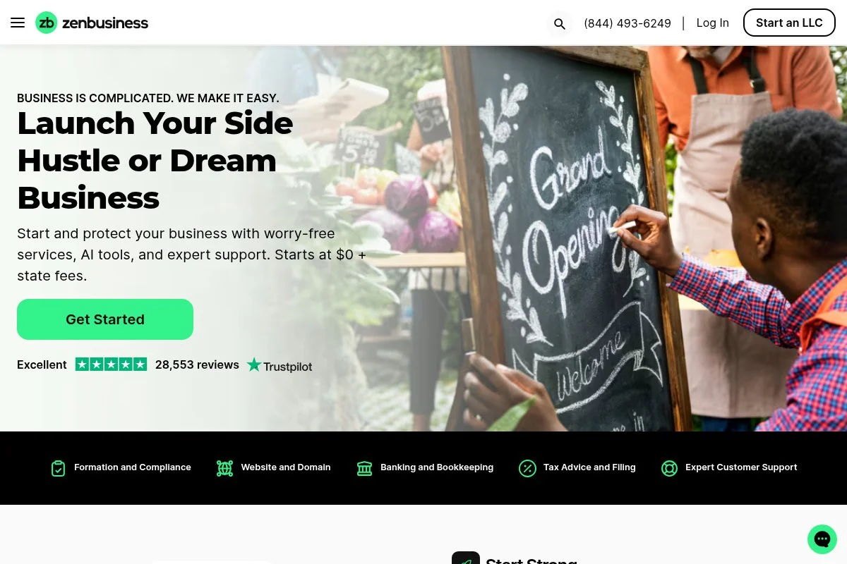 Screenshot of ZenBusiness homepage