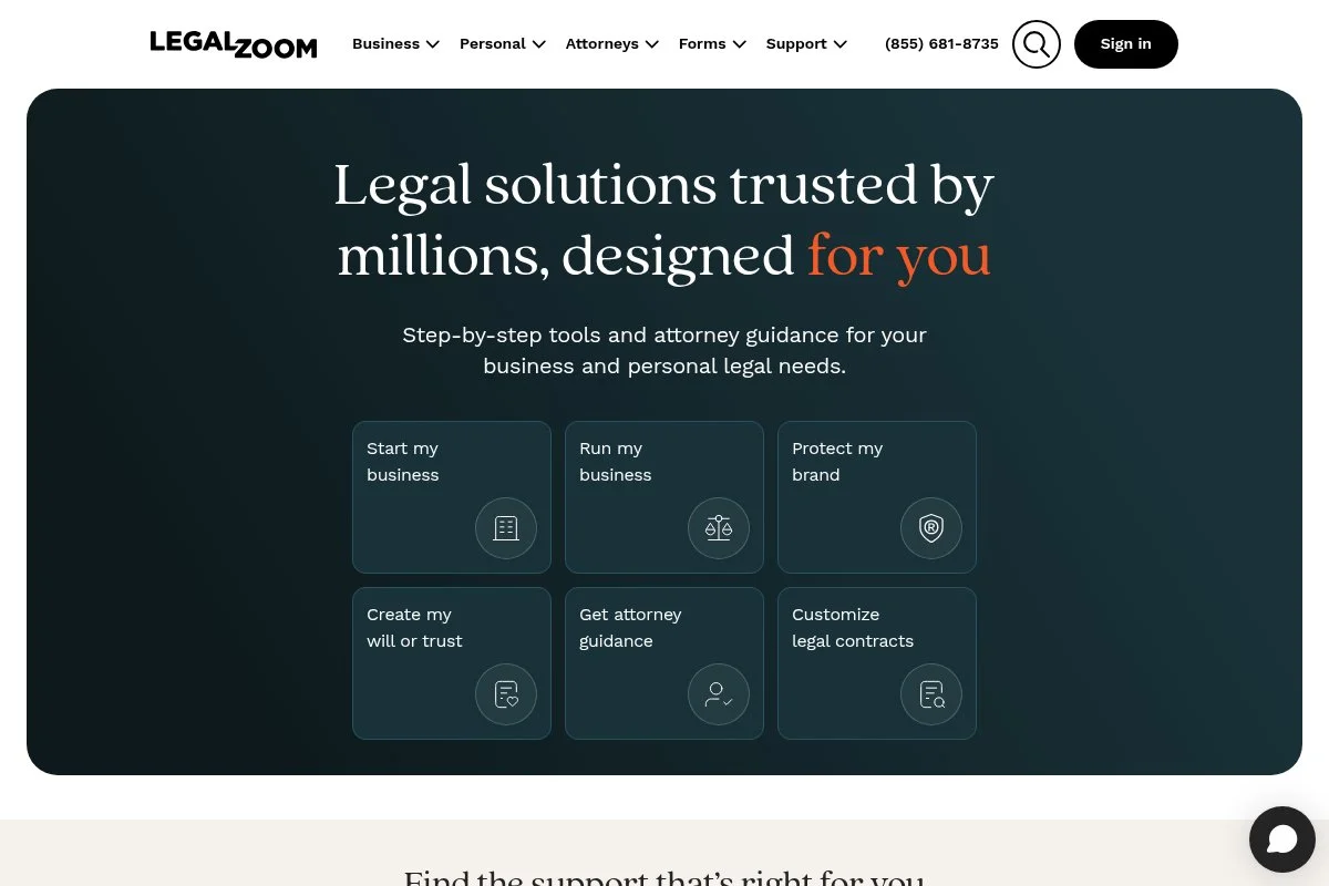 Screenshot of LegalZoom homepage