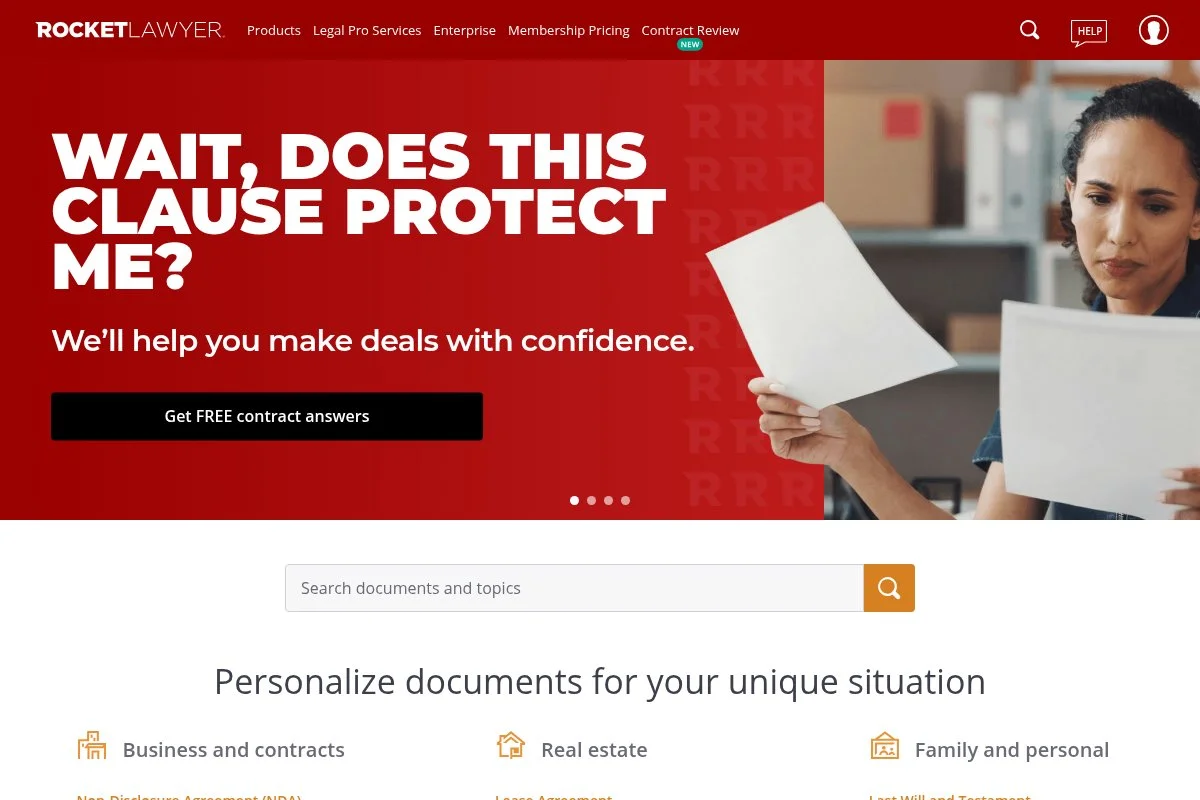 Screenshot of Rocket Lawyer homepage