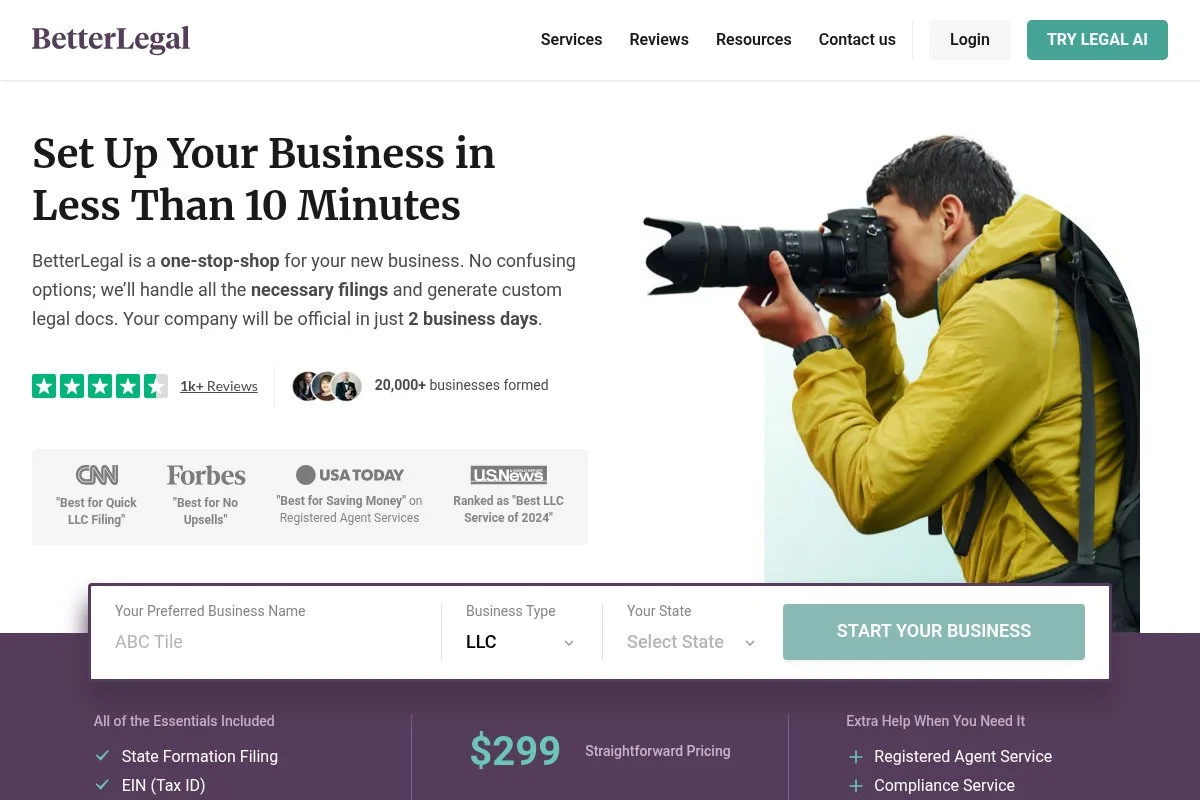 Screenshot of BetterLegal homepage