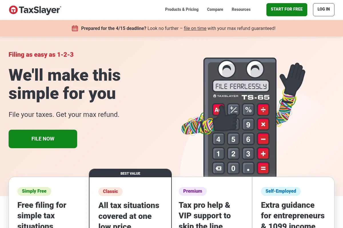 Screenshot of TaxSlayer homepage