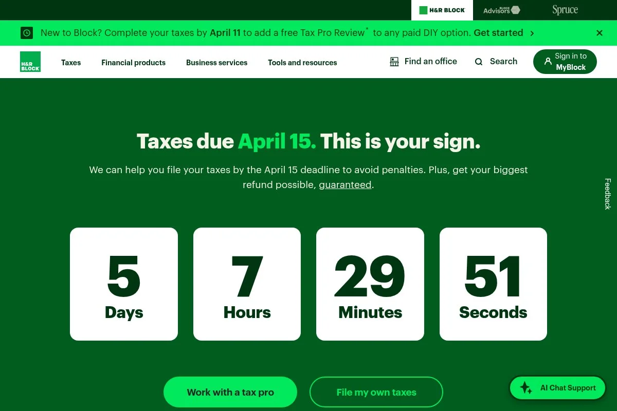 Screenshot of H&R Block Online homepage