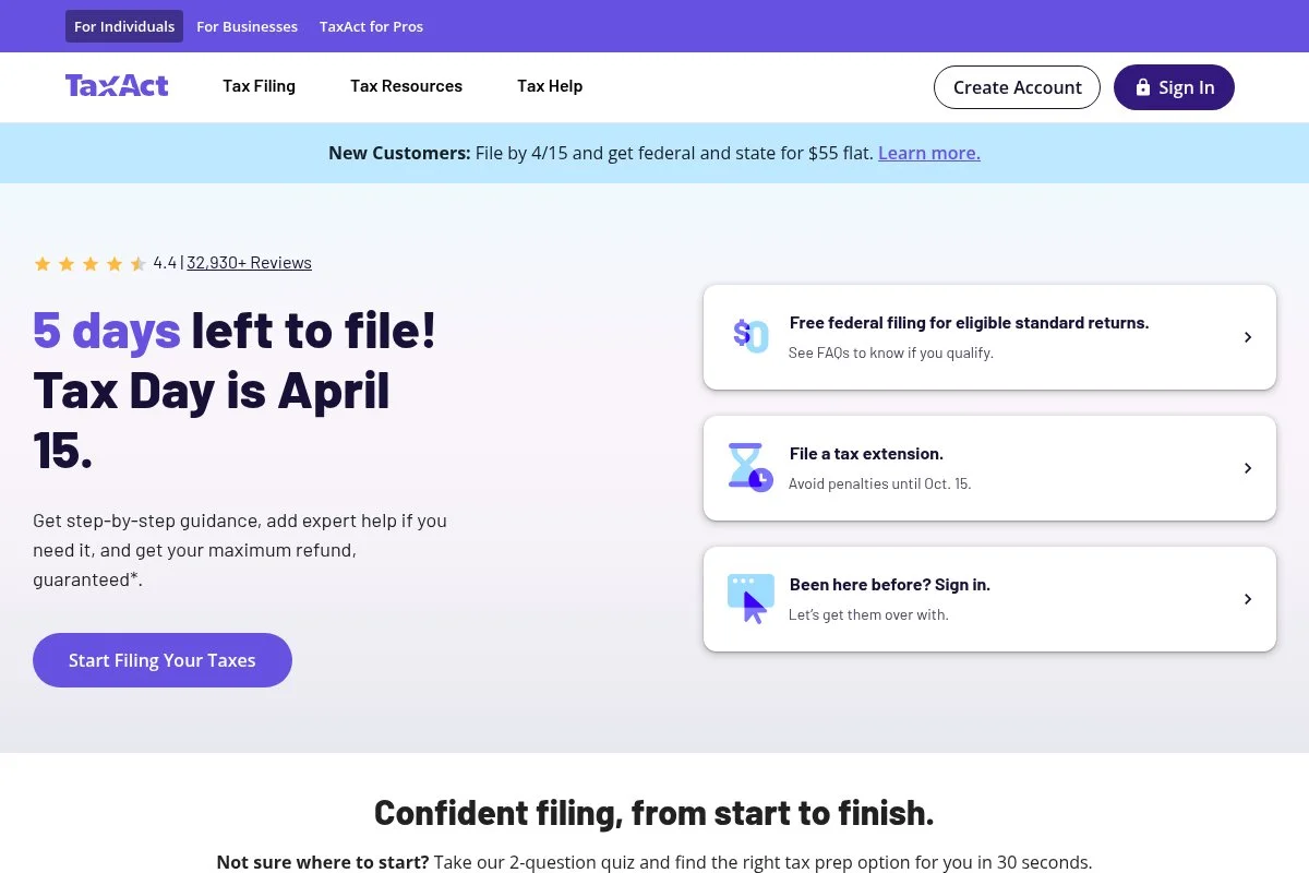 Screenshot of TaxAct homepage