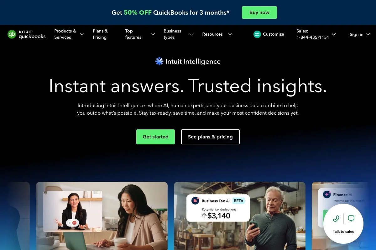 Screenshot of QuickBooks Online homepage