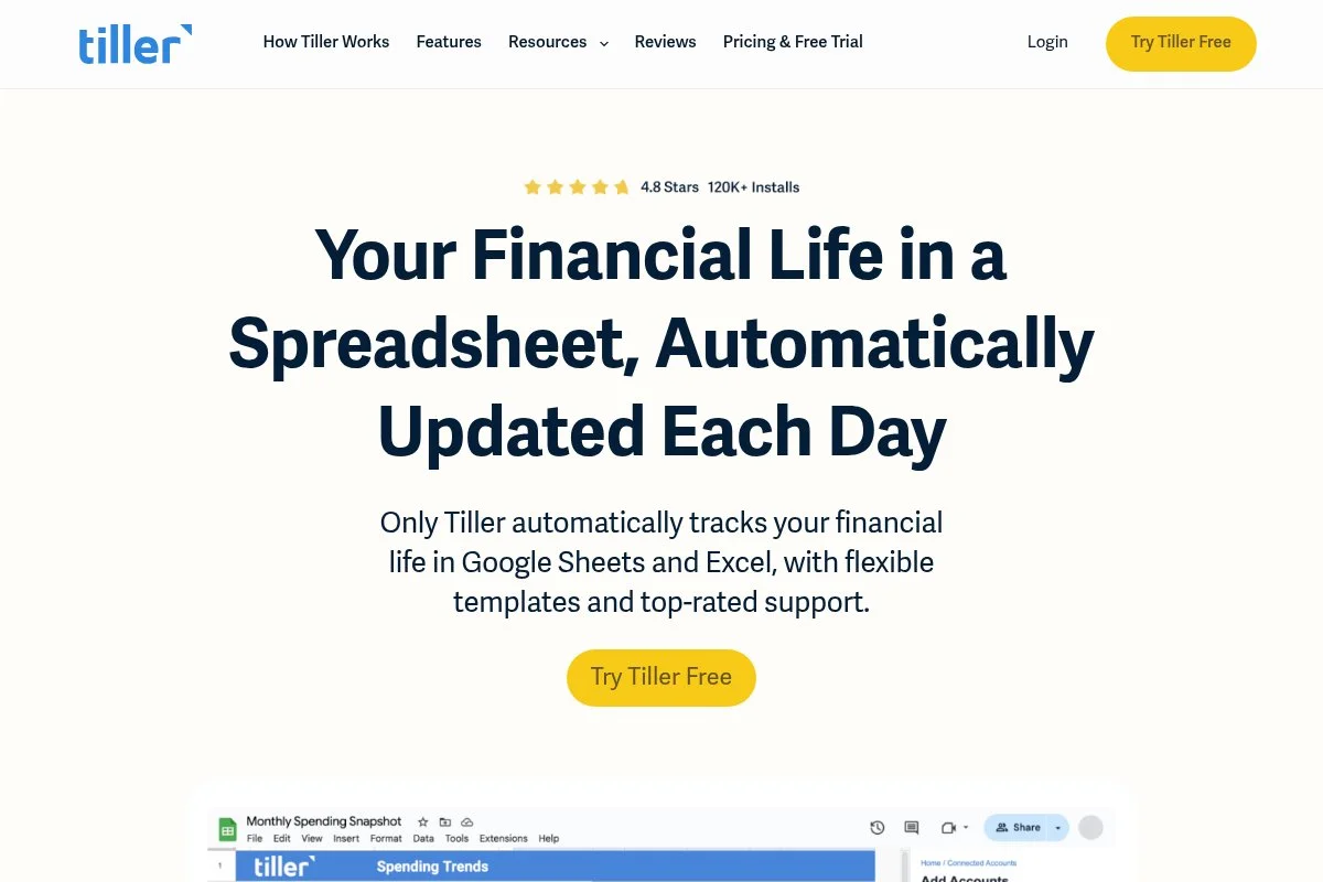 Screenshot of Tiller homepage