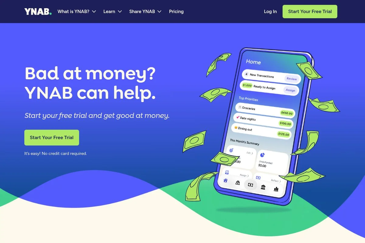 Screenshot of YNAB homepage
