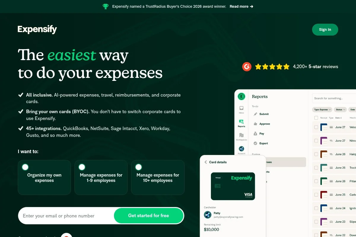 Screenshot of Expensify homepage