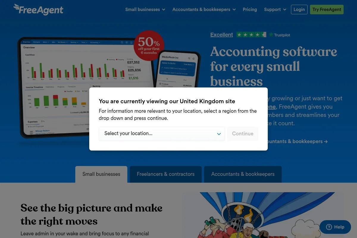 Screenshot of FreeAgent homepage