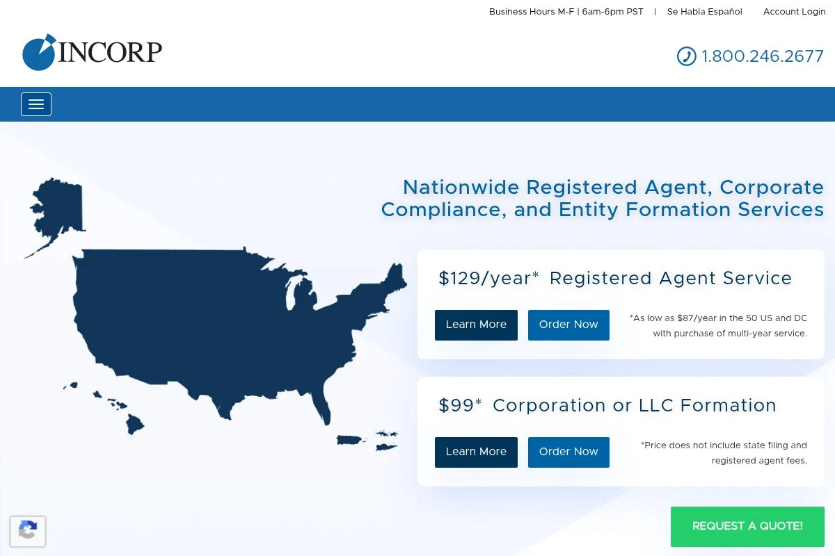 Screenshot of InCorp homepage