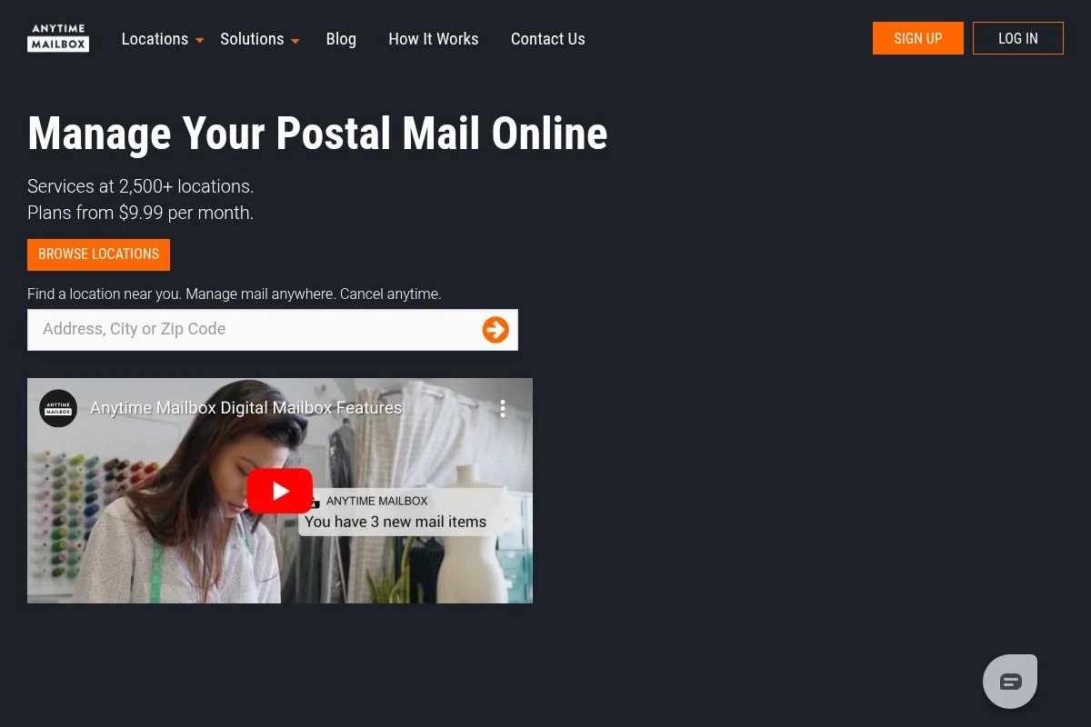 Screenshot of Anytime Mailbox homepage