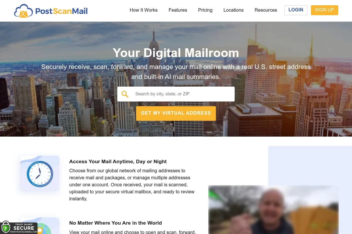 Screenshot of PostScan Mail homepage