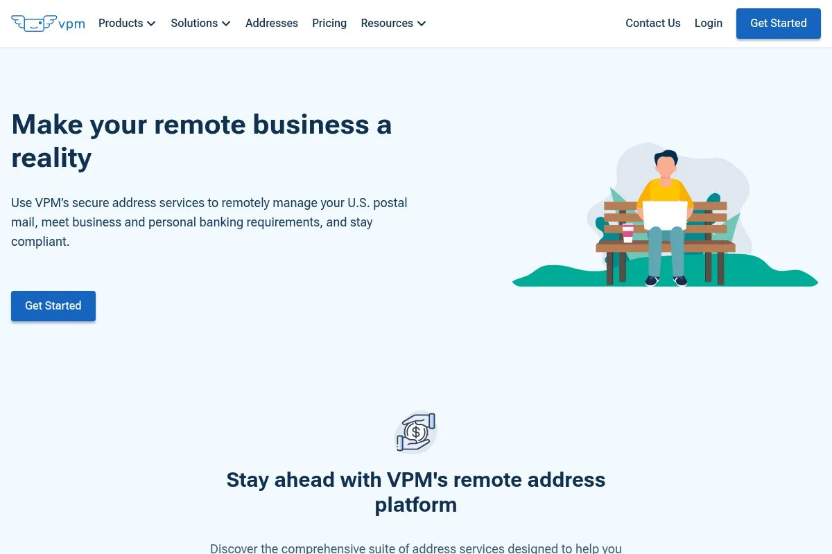 Screenshot of VirtualPostMail (VPM) homepage