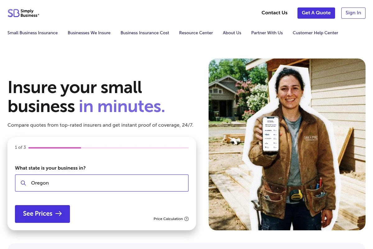 Screenshot of Simply Business homepage