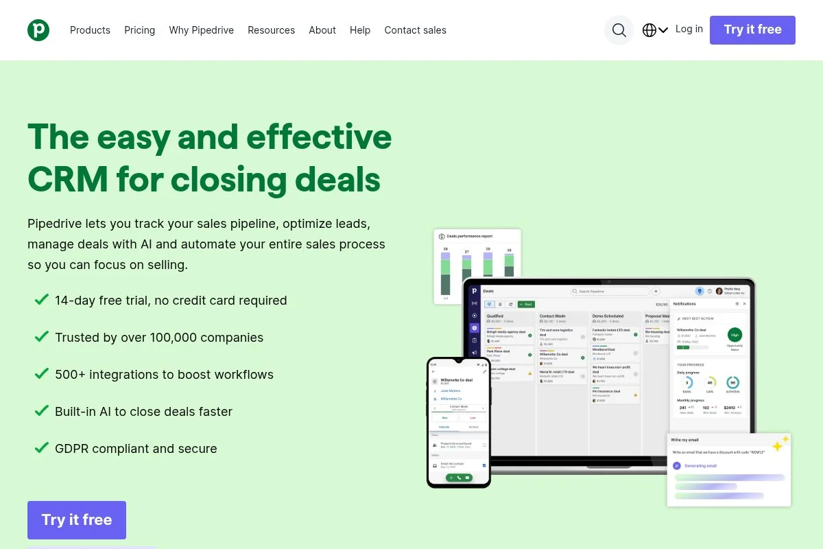 Screenshot of Pipedrive homepage