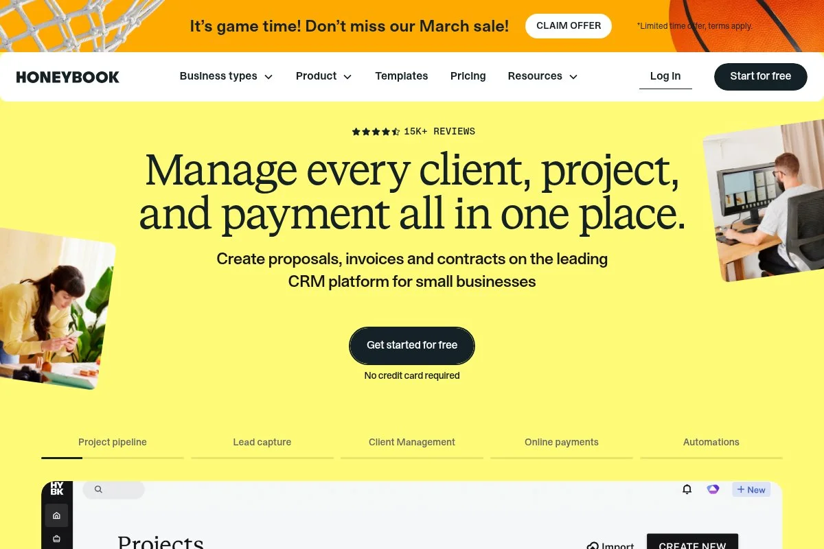 Screenshot of HoneyBook homepage